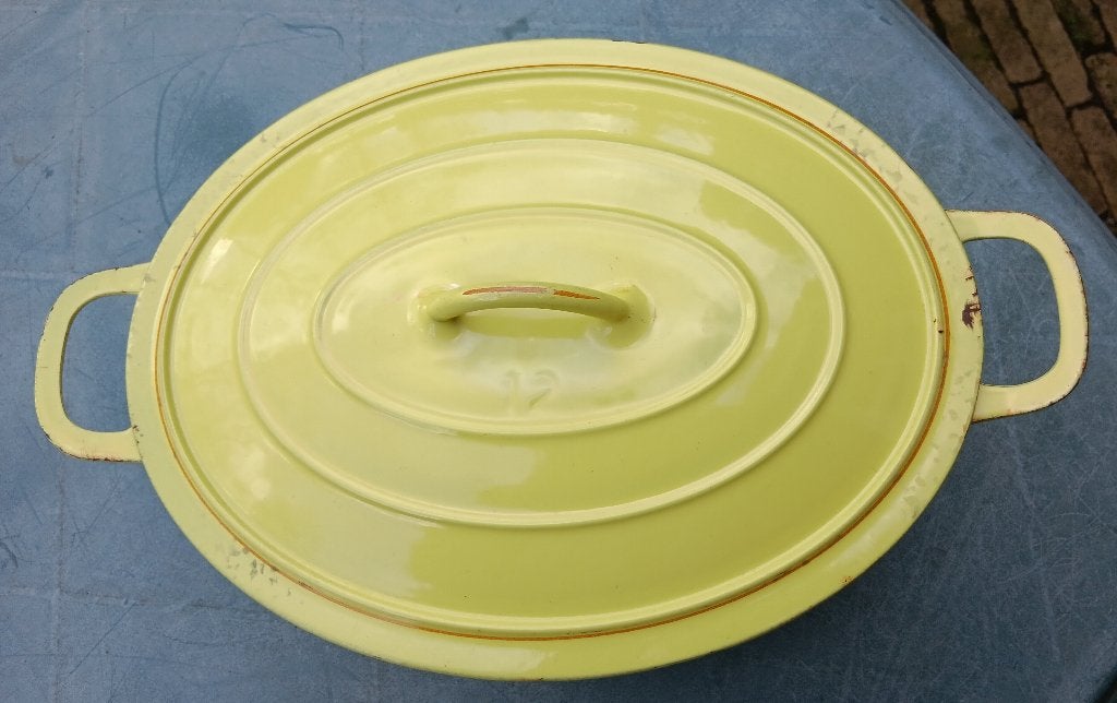DRU nostalgie eigen bodem grote gele ovale pan 27,5 cm (G217, Gebruikt, Ophalen of Verzenden, Met handvatten, Overige merken