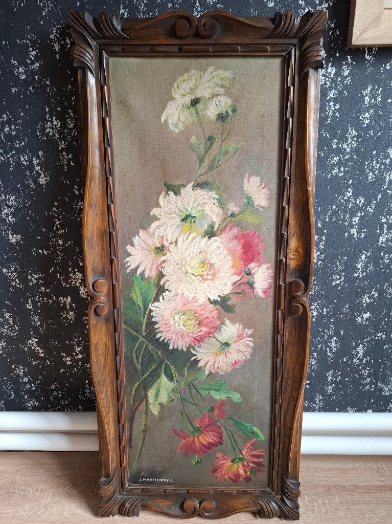 Prachtig Antiek Bloemenstilleven-J. Houttemane, Ophalen