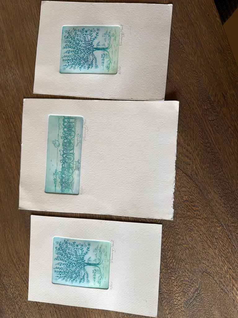 Set van 3 gesigneerde etsen van Truusje Mul, Ophalen of Verzenden, 1950 - 1999, Ets, Flora en Fauna