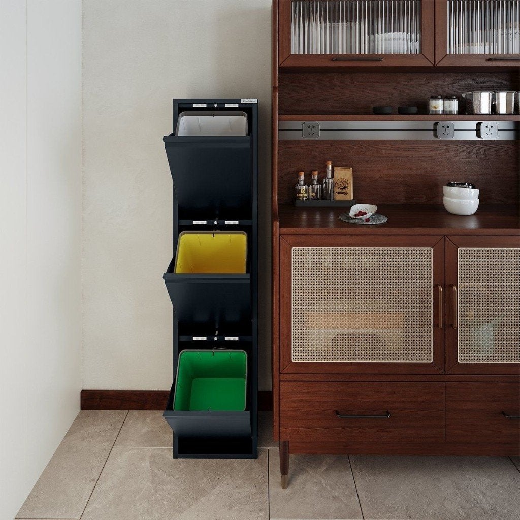 Prullenbak 3 vakken–Afvalem 45Lt-Wit-Grıjs-Zwart-33x136x25cm, Ophalen, Zo goed als nieuw, Kunststof