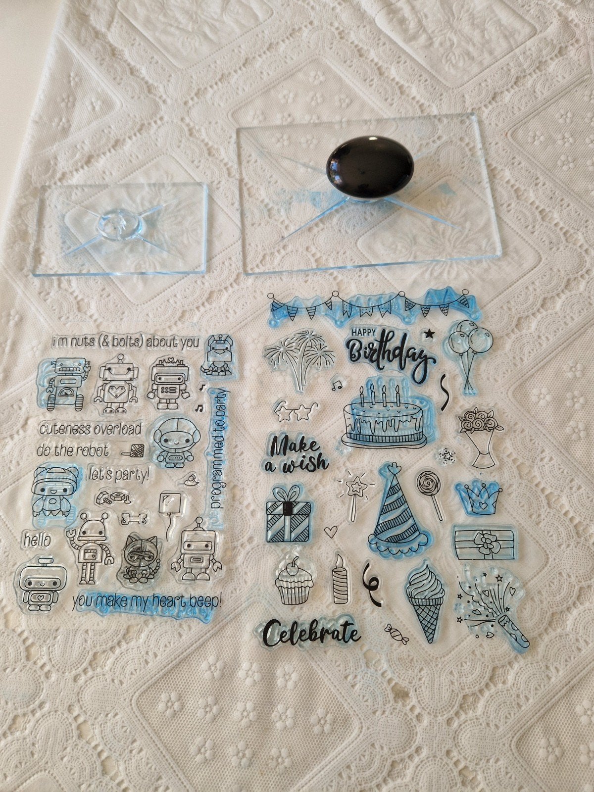 Clearstamps met houders - Robots & Verjaardagsthema, Ophalen of Verzenden, Zo goed als nieuw, Clearstamp