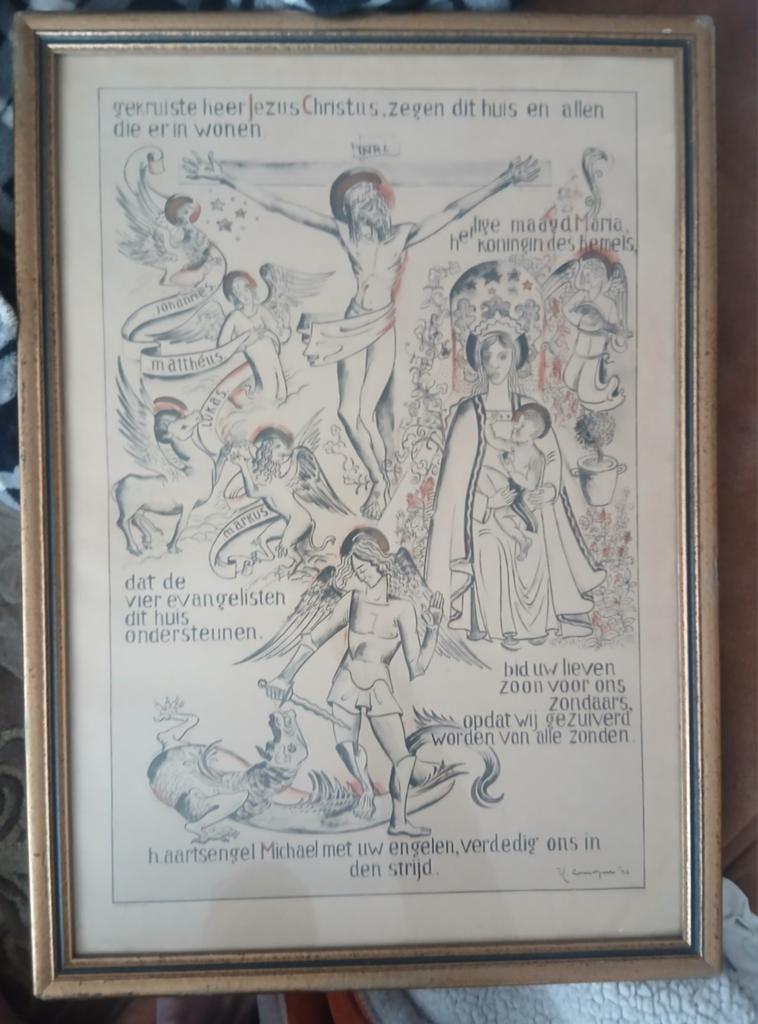 Oude ingelijste religieuze print - Jezus, Maria, Engelen, Ophalen