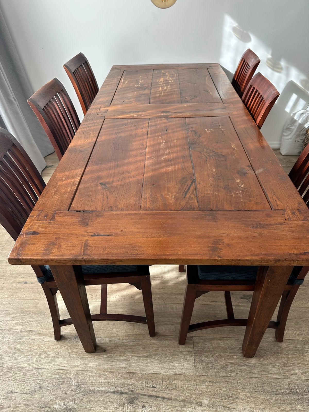 teak houten eettafel met lades en 6 stoelen 220 /90 cm, Ophalen, Gebruikt, Teakhout, 200 cm of meer