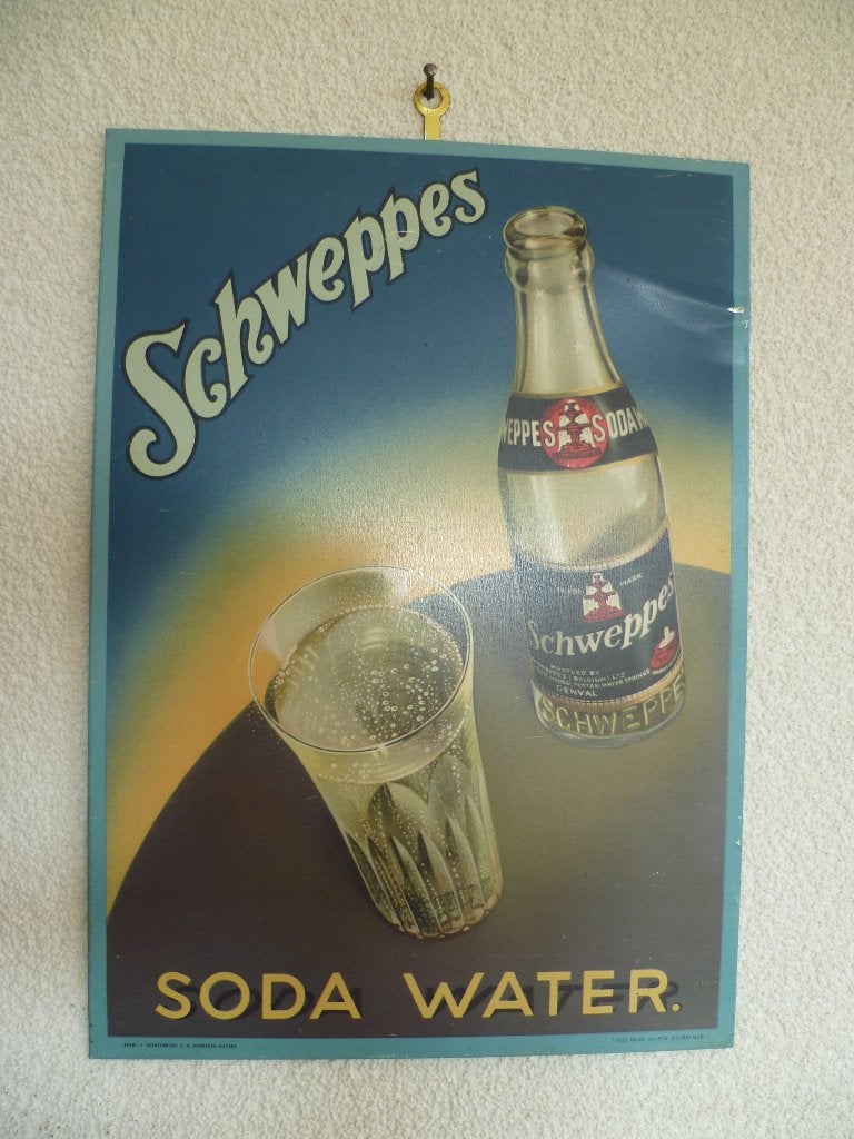 BLIKKEN RECLAMEBORDJE"SCHWEPPES SODA WATER"UIT 1956, Ophalen of Verzenden, Gebruikt, Reclamebord