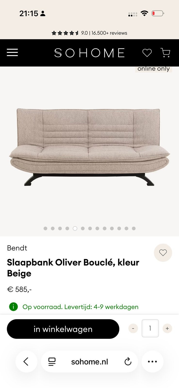 Slaapbank sohome Oliver Bouclé, kleur Beige, Ophalen of Verzenden, Zo goed als nieuw, Tweepersoons, Beige