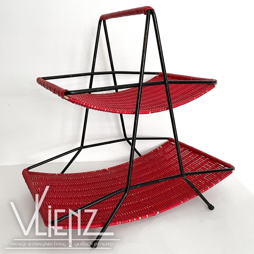 Vintage, Midcentury draadrek, fruitmand rood draad, etagère, Ophalen of Verzenden, Huis en Inrichting