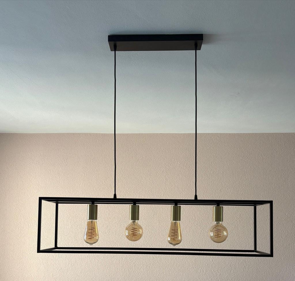Moderne Zwarte Hanglamp met 4 Edison Lampen, Huis en Inrichting, Lampen | Hanglampen, Zo goed als nieuw, 75 cm of meer, Metaal