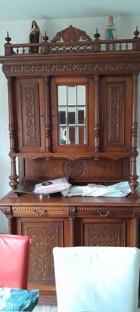 Antieke houten kast met spiegel en houtsnijwerk, Ophalen of Verzenden