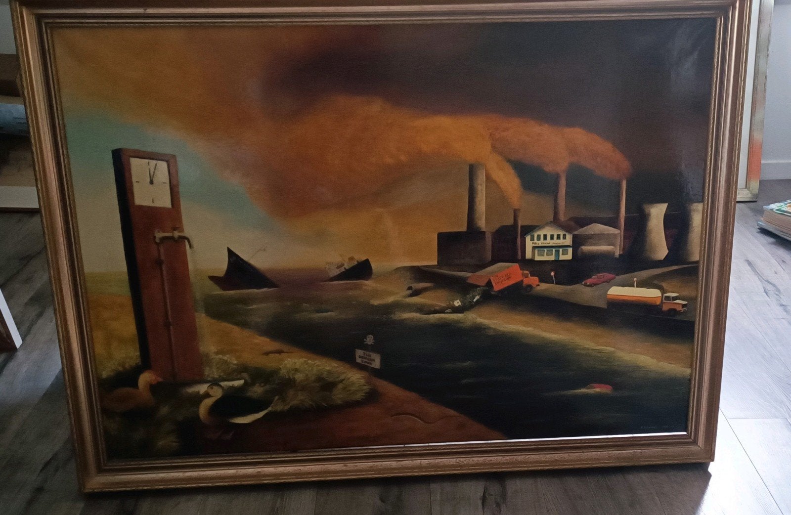 R. Schenkel - Vervuiling en de gevolgen, 1993, Ophalen, Gesigneerd, Olieverf, Hout
