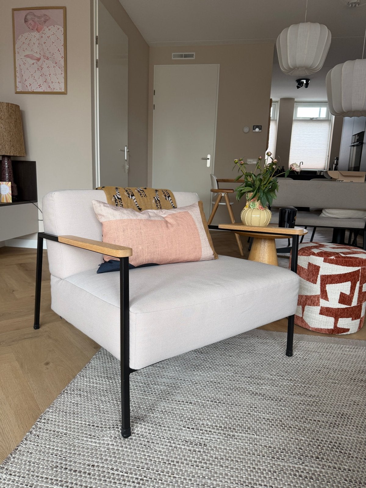 Studio Henk Co fauteuil beige met naturel, Ophalen, Gebruikt, Hout, 75 tot 100 cm