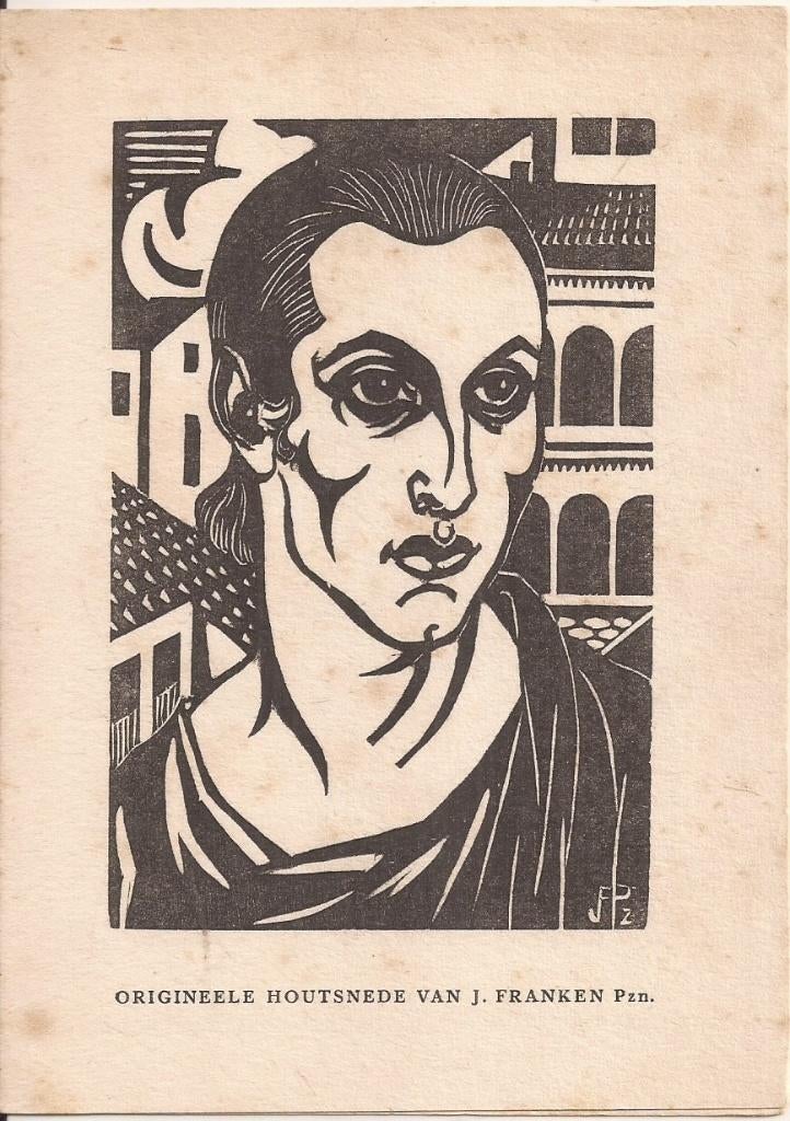 Uitnodiging met Houtsnede J. Franken Pzn. 1928 Den Haag, Origineel, 7 cm, Portret, Ophalen of Verzenden