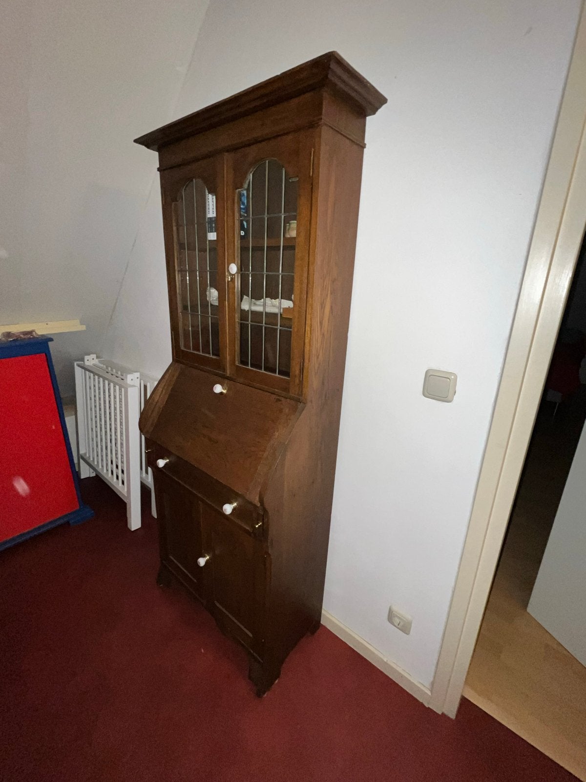 Antiek eikenhouten secretaire met vitrinekast, Ophalen