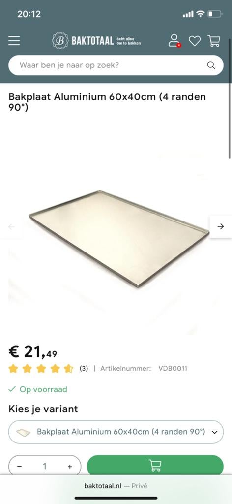 Bakplaat Aluminium 60x40cm (4 randen 90), Ophalen
