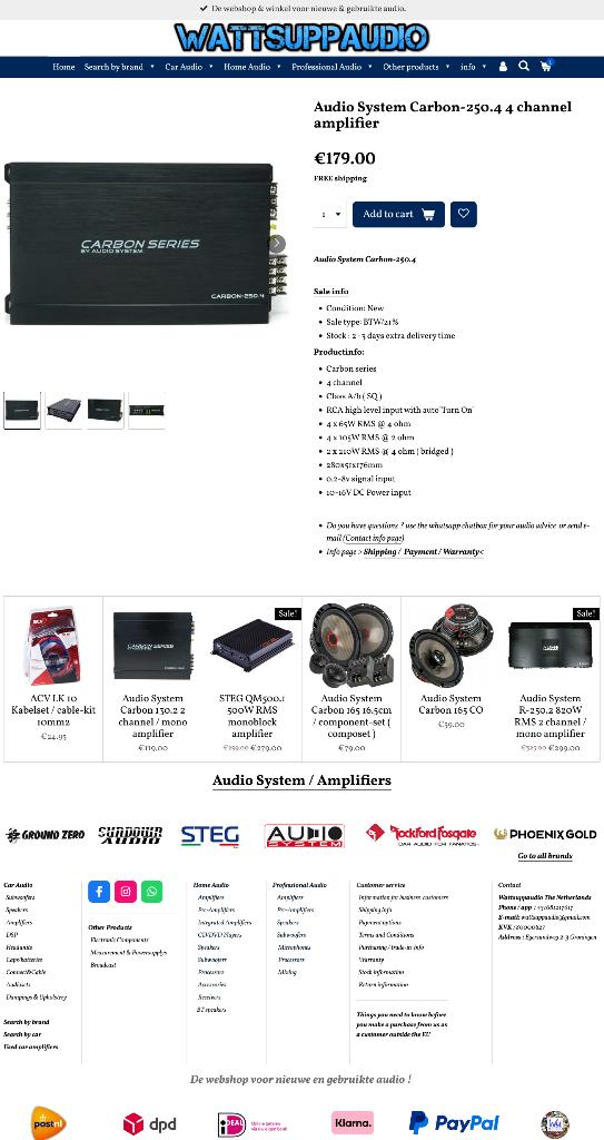 Audio System Carbon-250.4 4 kanaals versterker, Auto diversen, Autospeakers, Info@optimount.nl, Nieuw, Ophalen of Verzenden, Anholtseweg 48A 7091 HB DINXPERLO