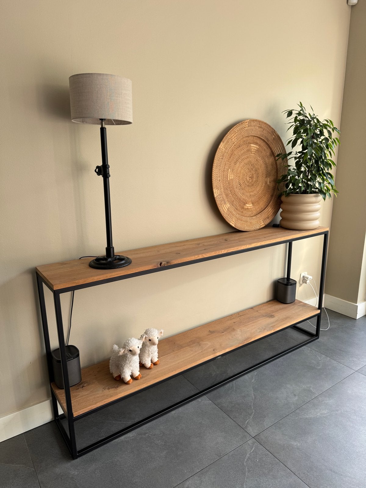 Industriële sidetable van hout en metaal - 180x30x83 cm, Ophalen, Gebruikt, 150 tot 200 cm, Overige houtsoorten