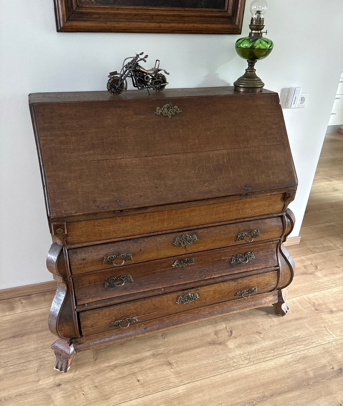 Antiek eikenhouten secretaire met lades, Ophalen, Gebruikt