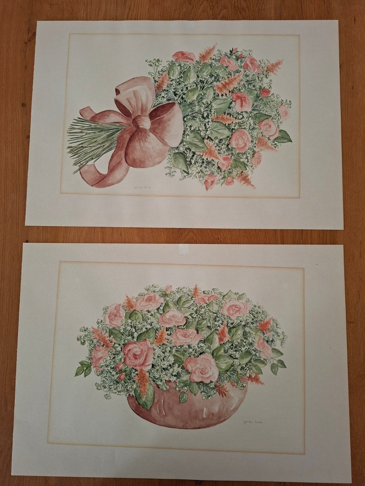2x Aquarel Gerda Linde: Bloemen. Afm: 46 32 cm. Zie foto's, Ophalen of Verzenden, Minder dan 50 cm, Schilderij