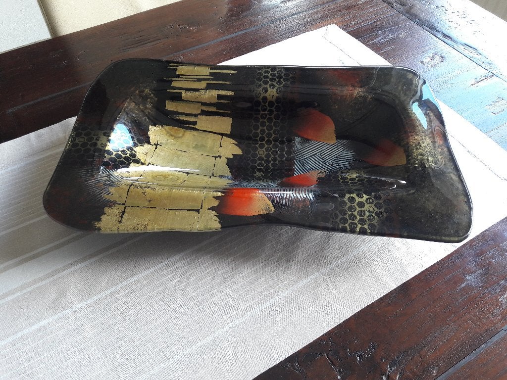 Originele Gilde Glasart schaal kleuren in goud/zwart/oranje, Ophalen