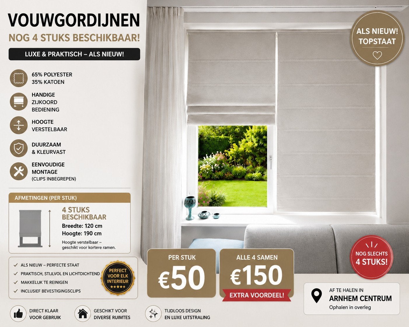4 Luxe vouwgordijnen – Als nieuw – Complete set €150, Ophalen of Verzenden, Zo goed als nieuw