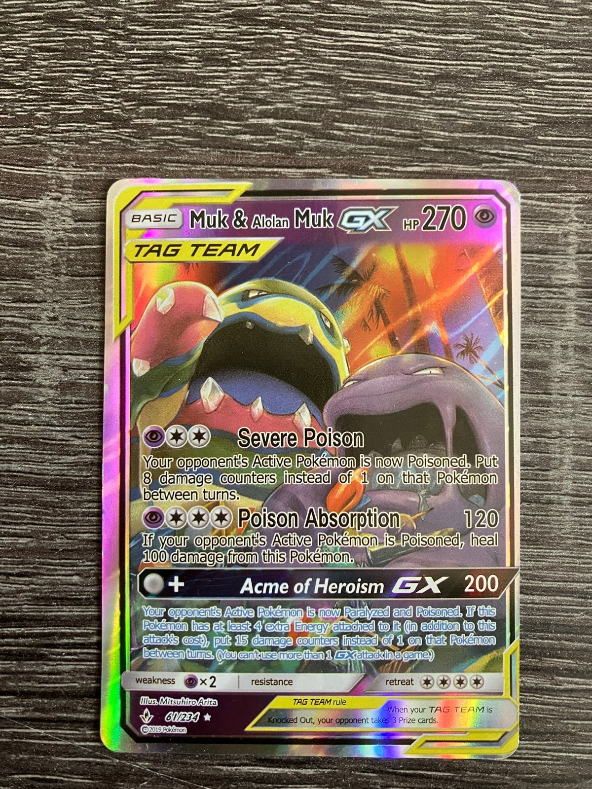 Pokémon Kaart: Muk & Alolan Muk GX TAG TEAM (61/234), Ophalen of Verzenden, Zo goed als nieuw, Losse kaart, Foil