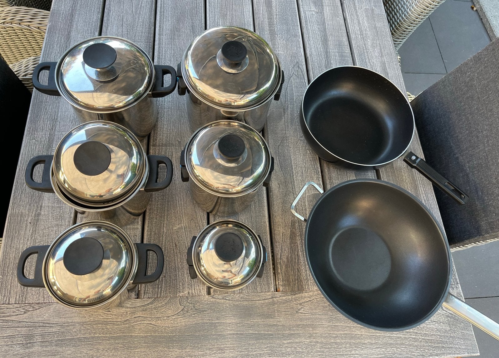 Uitgebreide pannenset voor de camping met koekenpan en wok, Ophalen, Gebruikt, Met deksel, Pannenset