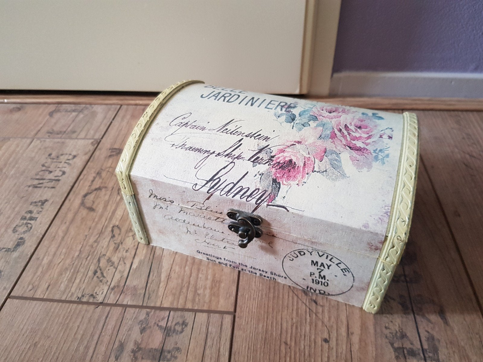 brocant kistje met bloemen opbergbox, Ophalen of Verzenden