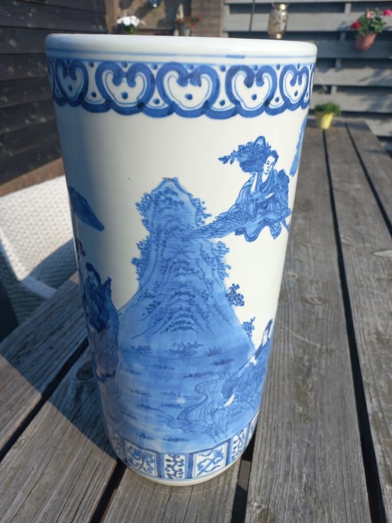 Antieke Chinese porseleinen paraplubak, blauw-wit decor, Ophalen of Verzenden