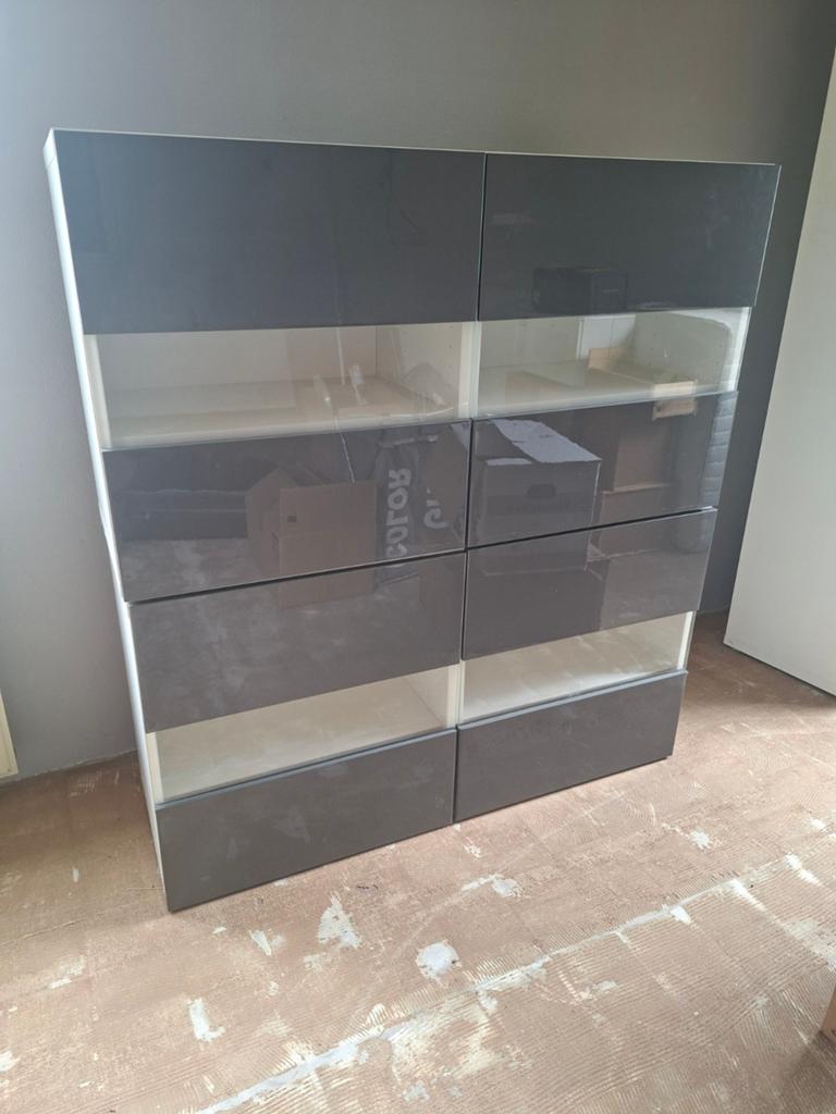 3x IKEA Besta kast met grijze deurtjes en glazen middenstuk, Ophalen, 100 tot 150 cm, Modern, 150 tot 200 cm