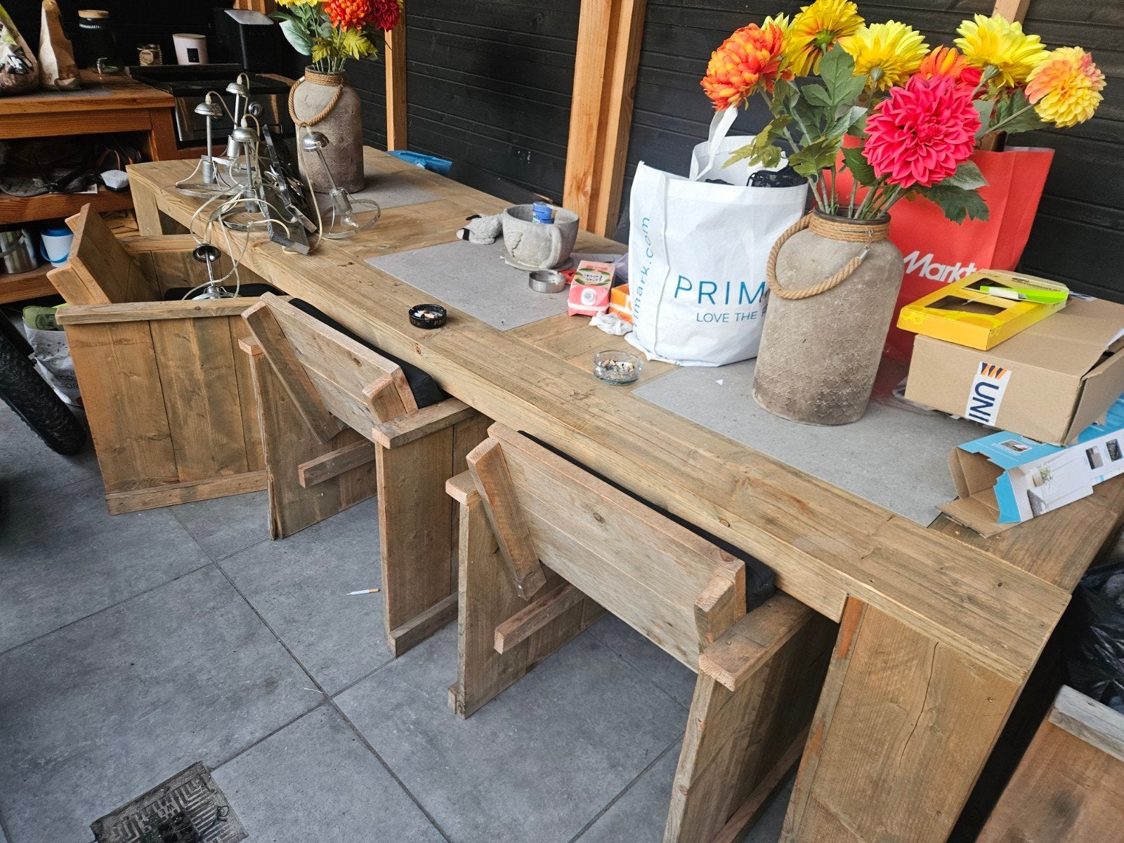Houten eettafel met 8 stoelen, Tuin en Terras, Ophalen of Verzenden, Gebruikt, Rechthoekig, Hout
