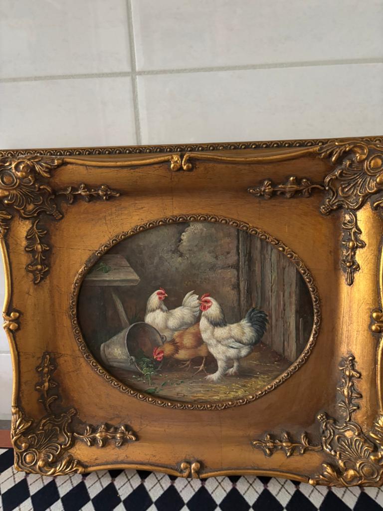 Schilderij kippen in sierlijke lijst, Verzenden