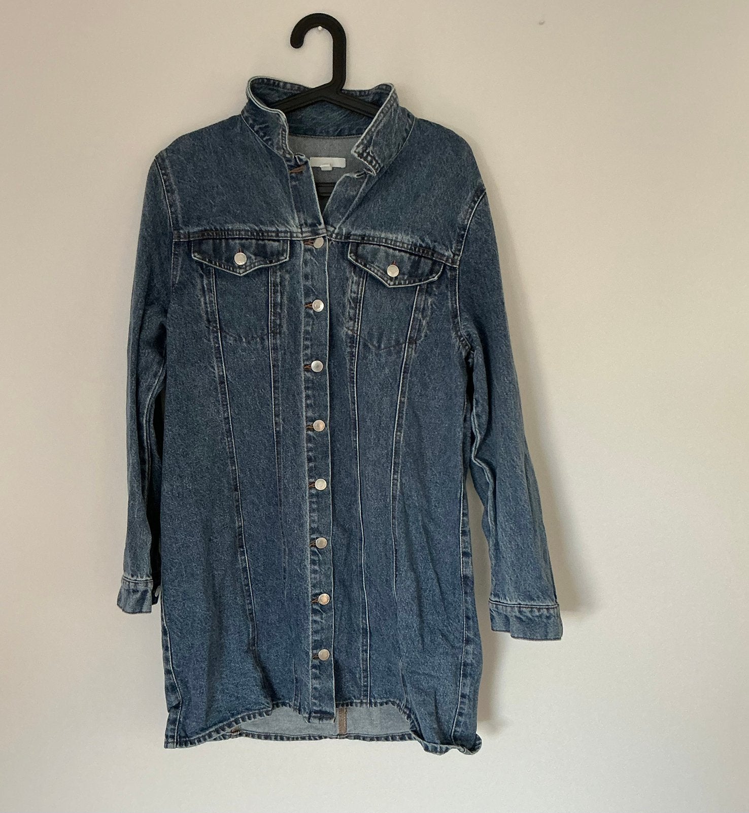 Lange spijkerjas dames maat L / 90cm lang, Ophalen of Verzenden, Zo goed als nieuw, Maat 42/44 (L), Blauw