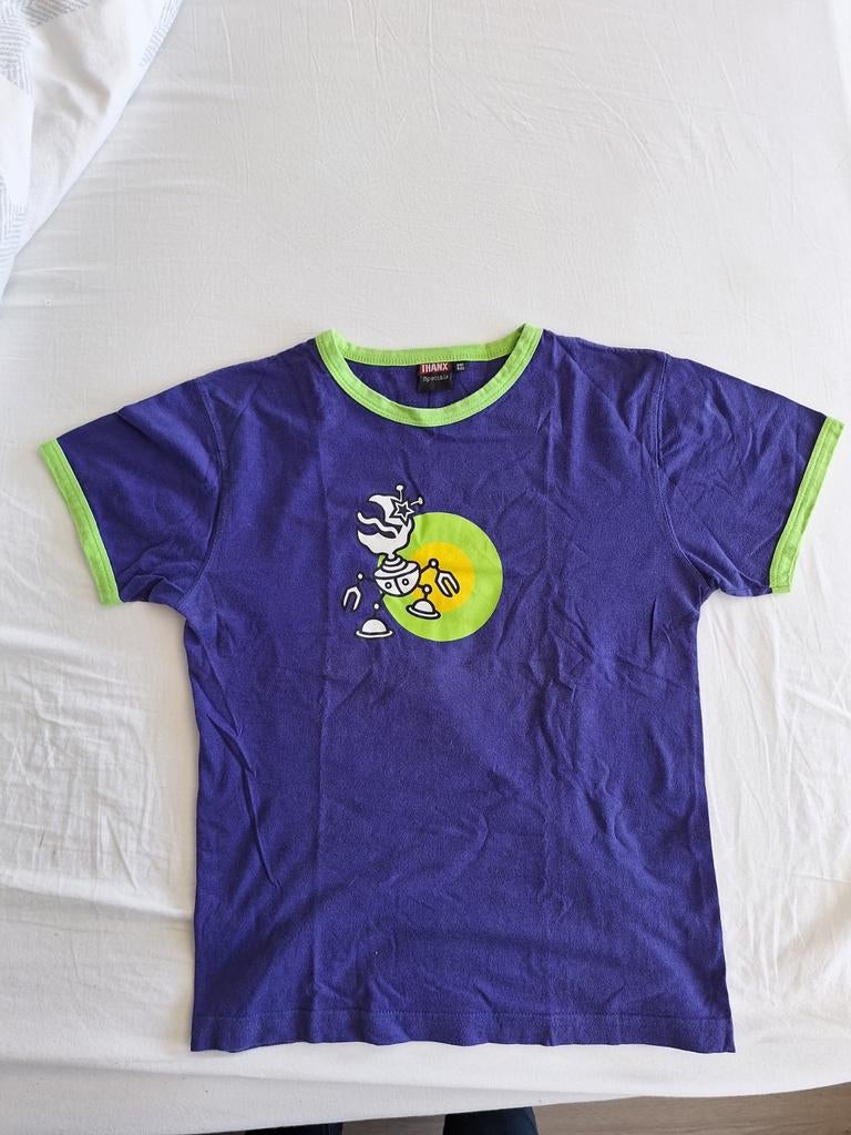 Vintage Lowlands 2000 T-shirt paars met groen, maat One Size, Paars, Ophalen of Verzenden, Zo goed als nieuw, Korte mouw