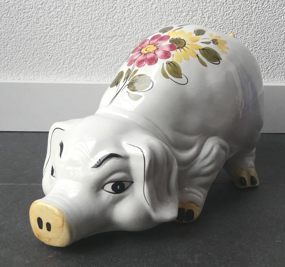 Groot vintage spaarvarken wit keramiek bloemdecor Italy?, Ophalen of Verzenden, Gebruikt, Steen, Aardewerk of Keramiek, Dier
