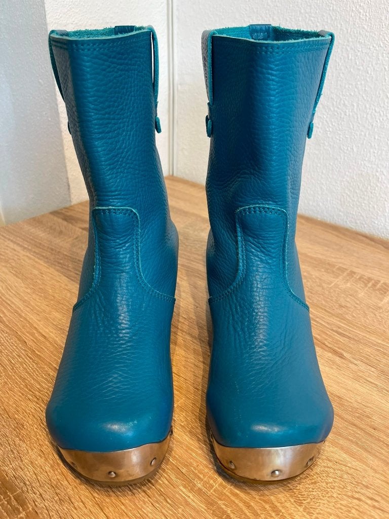 Sanita vintage clog boots leer laars maat 37 turquoise blauw, Blauw, Santia, Lage of Enkellaarzen, Ophalen of Verzenden