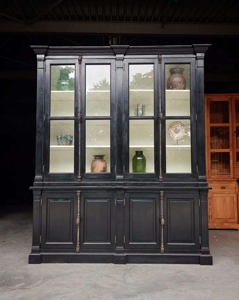 Prachtige klassieke buffetkast | Hoge zwarte vitrine #0368, Gebruikt, Met deur(en), -, 200 cm of meer
