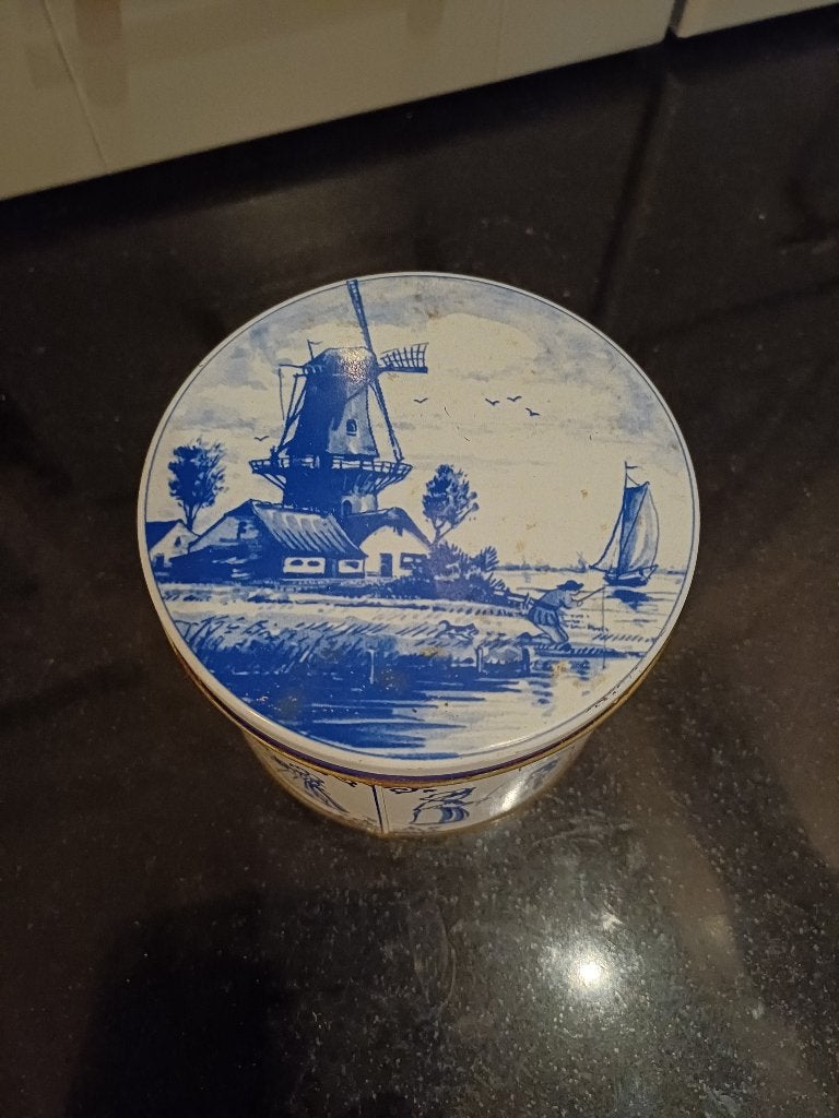 Vintage Blauw Souvenir blik Goudse stroopwafels, Ophalen of Verzenden, Gebruikt, Koek(jes), Overige merken