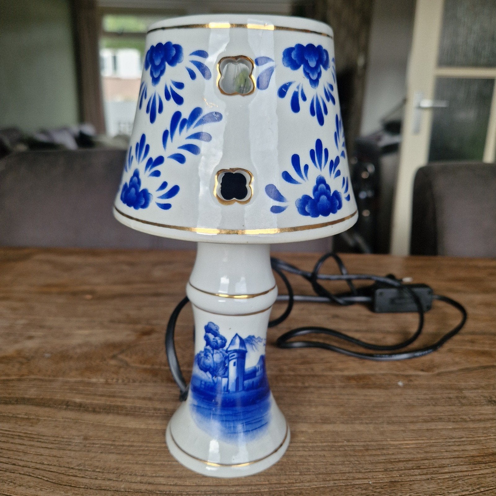 Vintage Porseleinen Tafellampje Delfts Blauw Mini Nachtlamp, Blauw, Vintage, Keramiek, Met schakelaar
