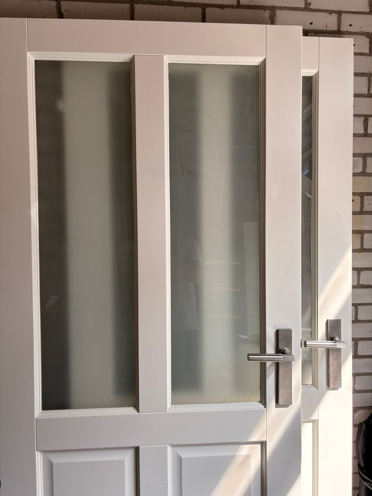 2xopdekdeuren. Wit met melkglas 1xlinks 1xrechts 88x200, Raamkozijn, Zo goed als nieuw, 150 tot 225 cm, Hout