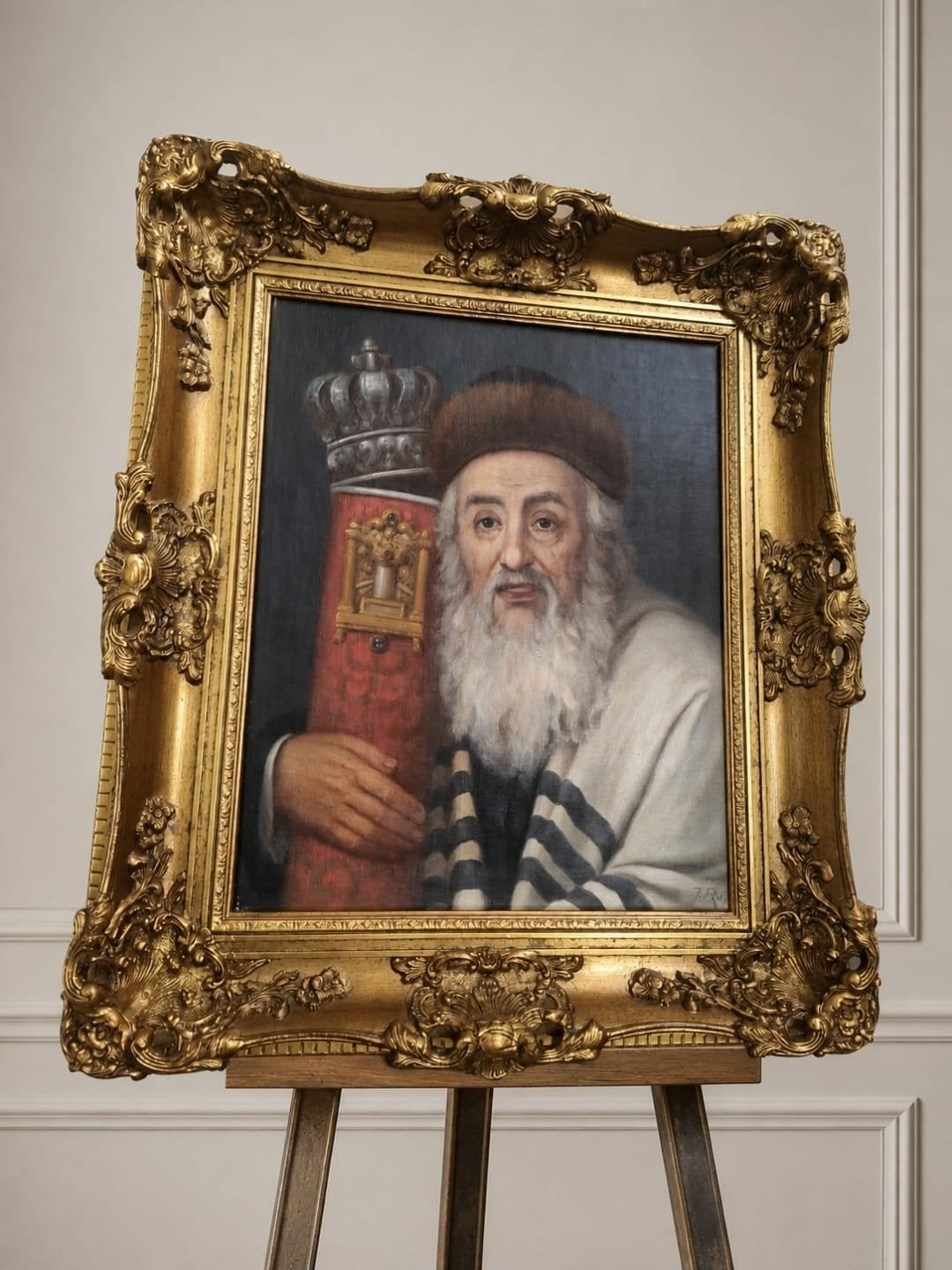 Klassiek Portret van Rabbijn met Thorarol - Joodse Kunst, Doek, Portret of Personen, Origineel werk, Ophalen of Verzenden