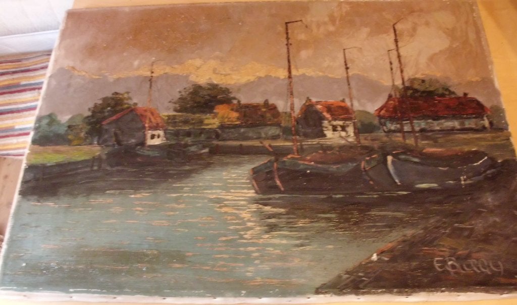 Rijnaken in de haven ., Antiek en Kunst, Maritiem / water, Doek, Ophalen of Verzenden, Olieverf