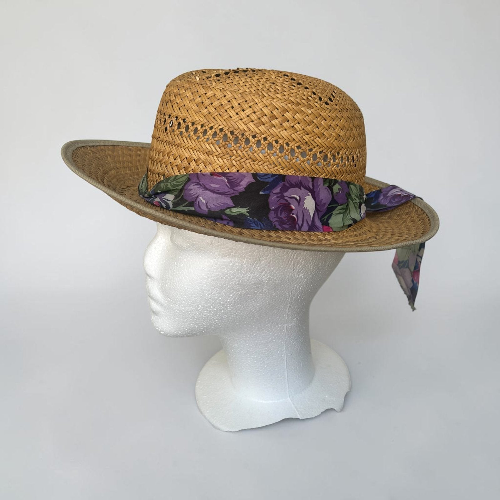 Vintage Stamion Hoed 56 Bruin Gevlochten Bloemenprint Strik, 56 of 57 cm (M, 7 of 7⅛ inch), Verzenden, Hoed, Zo goed als nieuw