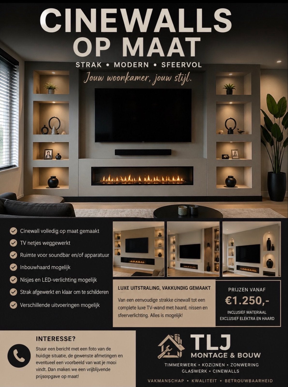 Cinewalls op maat - Luxe TV-wand met haard en nissen, Ophalen, Overige materialen, 200 cm of meer, Nieuw