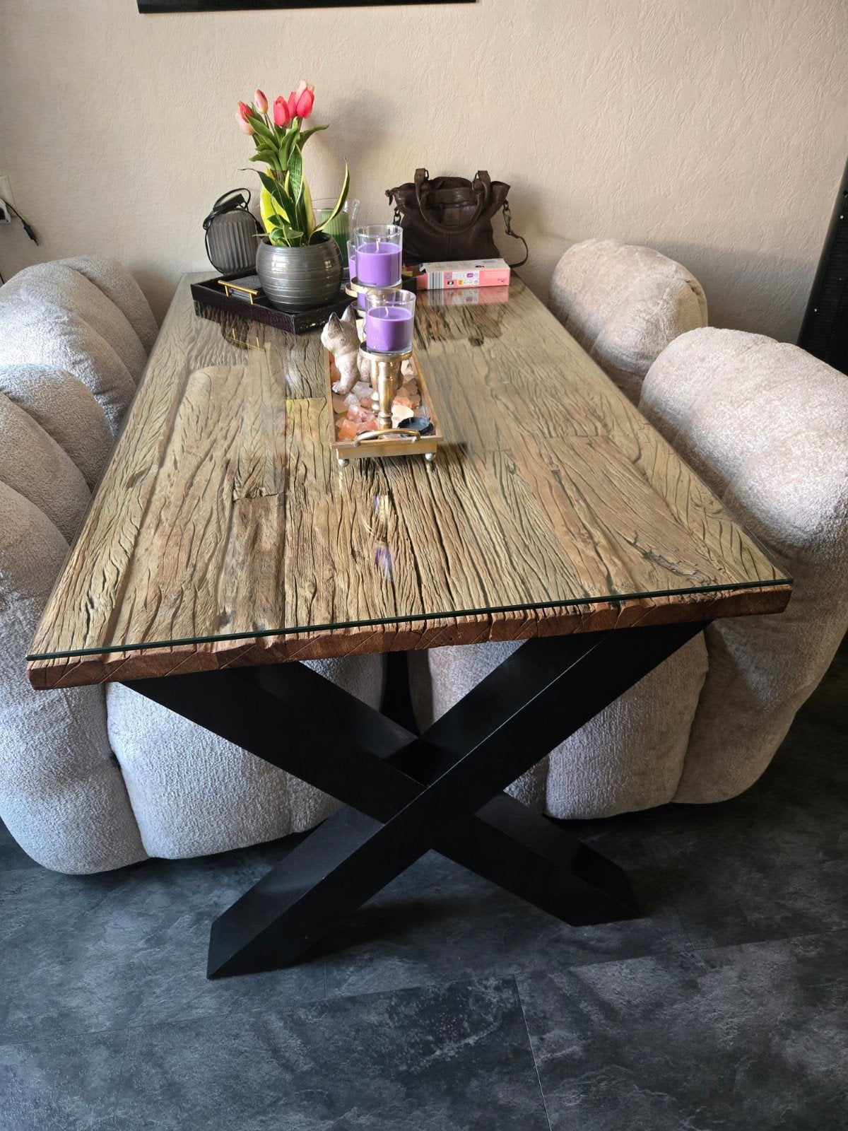 zware Eettafel met Salontafel met glazen plaat, Huis en Inrichting, Tafels | Eettafels, Ophalen, Glas, 50 tot 100 cm, Zo goed als nieuw