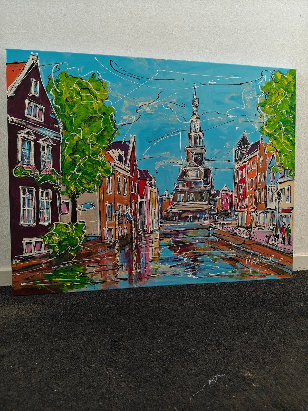 Schilderij Waagtoren Alkmaar 90x70 cm - Mathilde 2018, Ophalen, Acrylverf, Op houten frame, Stadsgezicht