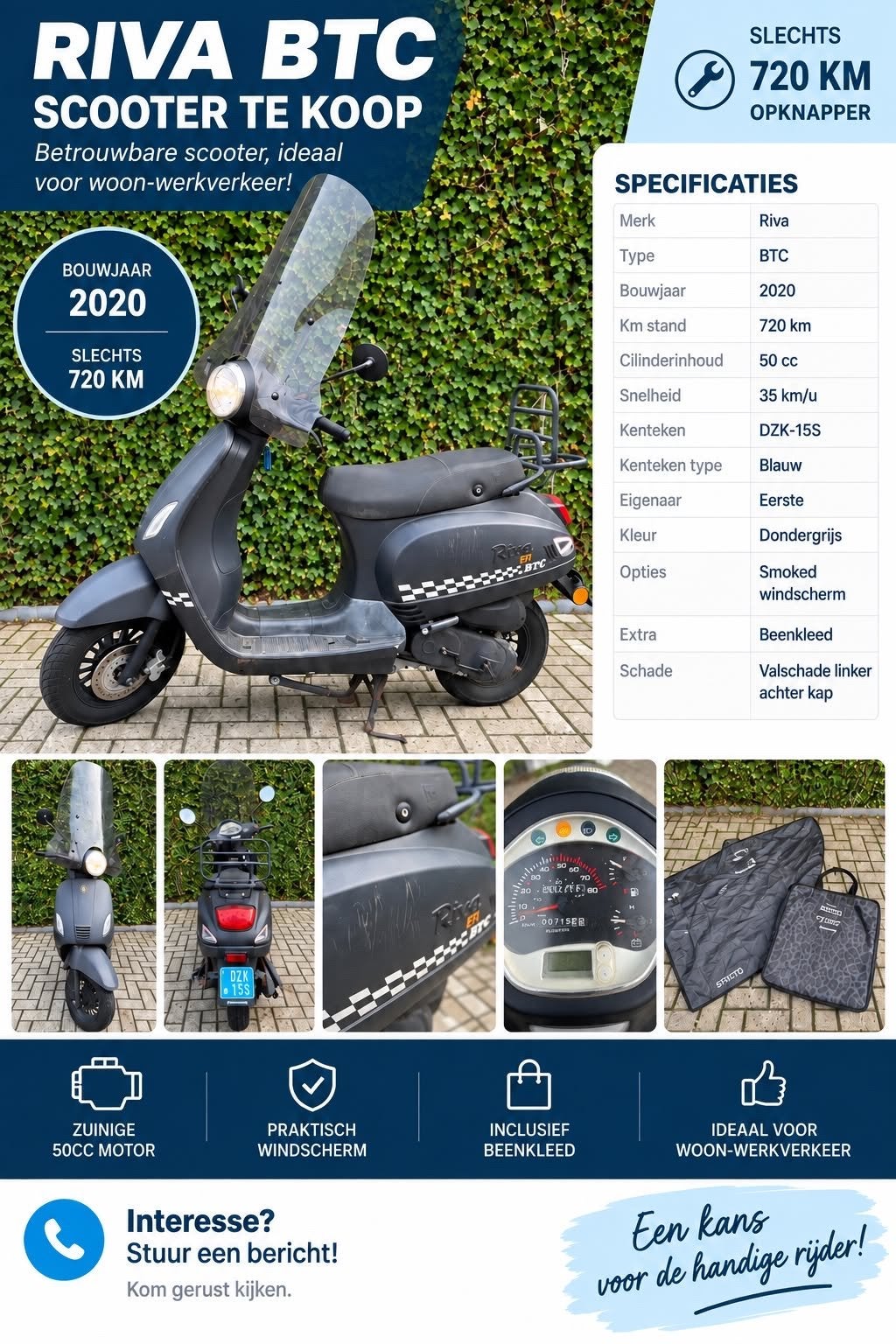 Riva BTC Scooter - 2020, Slechts 720 KM, Fietsen en Brommers, Ophalen, Gebruikt, Benzine, Overige merken