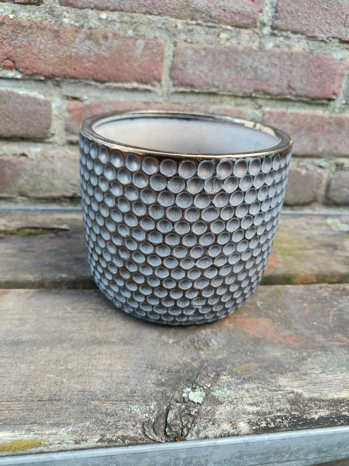 Bloempot grijs/ brons, Tuin en Terras, Bloempotten, Rond, Ophalen of Verzenden, Aardewerk, Minder dan 40 cm