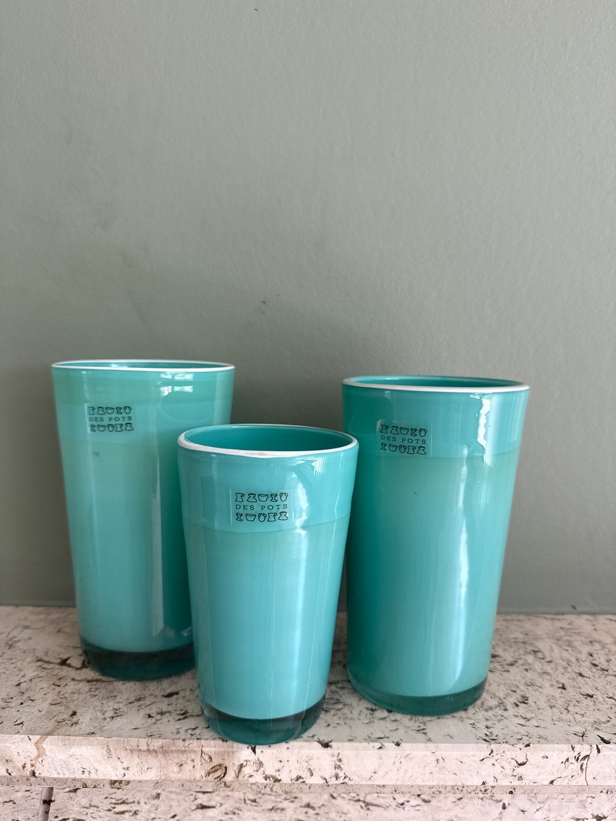 Set van 3 turquoise glazen vaasjes van Des Pots, Huis en Inrichting, Ophalen, Zo goed als nieuw, Overige kleuren, Glas