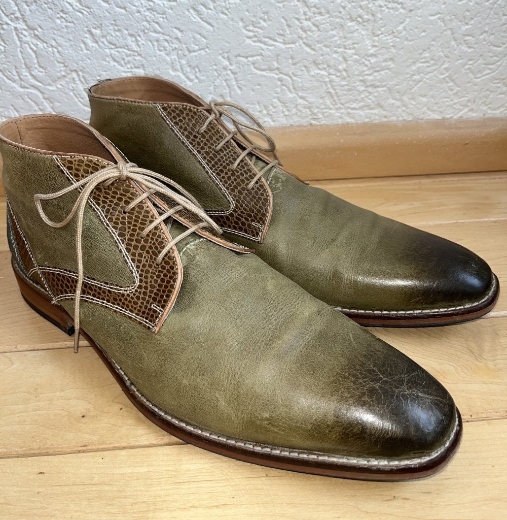 Mooy veter enkel laarzen maat 47 olijfgroen bruin grijs leer, Mooy, Overige kleuren, Verzenden, Boots