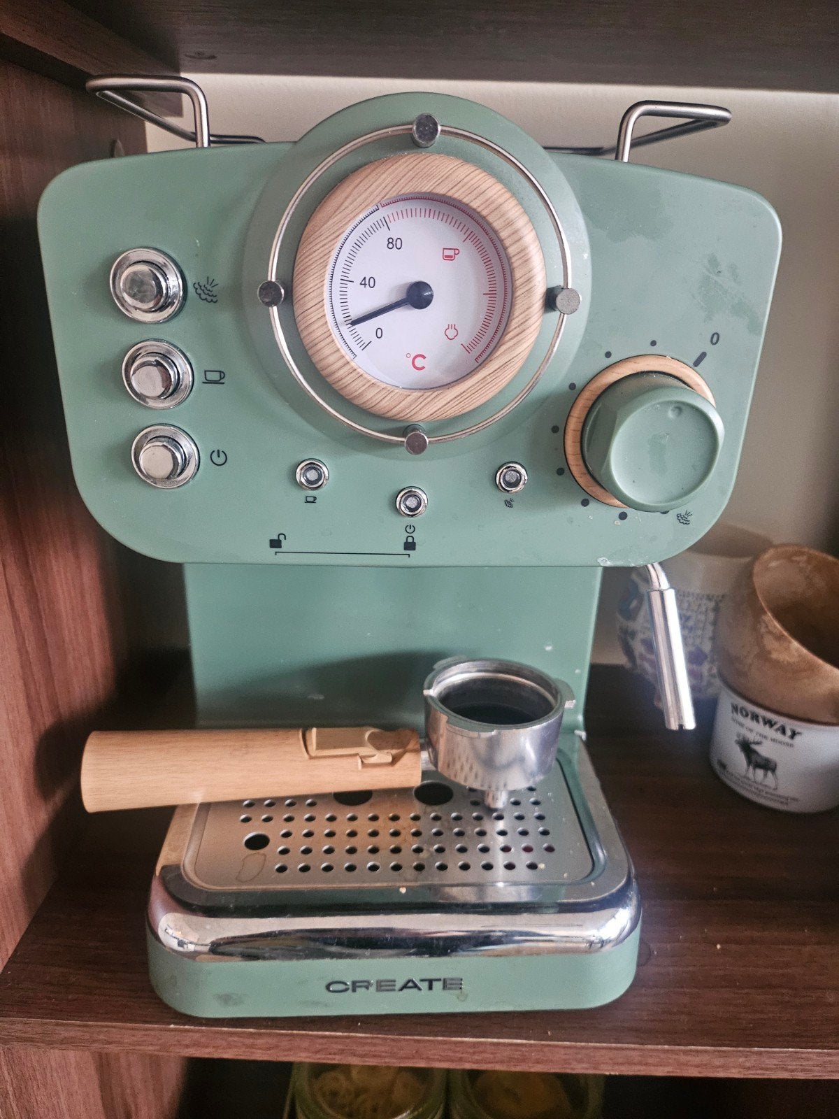 CREATE Espressomachine - Mintgroen met Houten Details, Espresso apparaat, Gemalen koffie, Zo goed als nieuw, 1 kopje