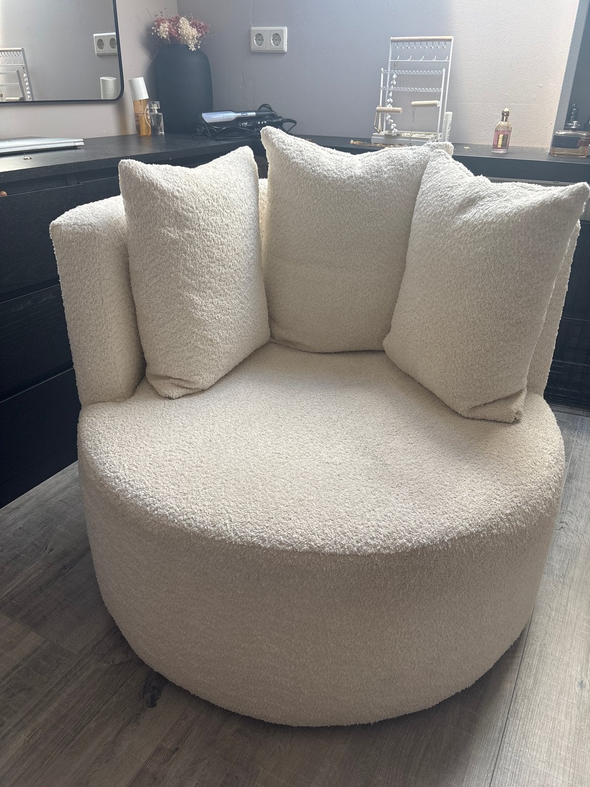 Comfortabele Bouclé Fauteuil - Crème Wit, Huis en Inrichting, Stoelen, Ophalen, Gebruikt, Wit, Eén